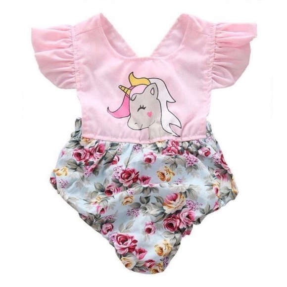 pink Unicorn Floral Romper 6-9 months - Picture 1 of 6